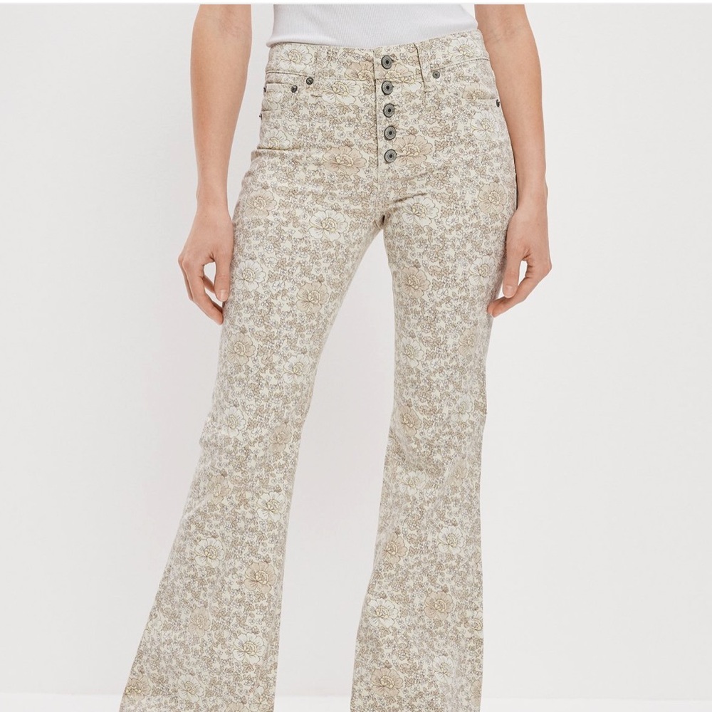 American Eagle Outfitters Beige Floral Wide Leg Jeans